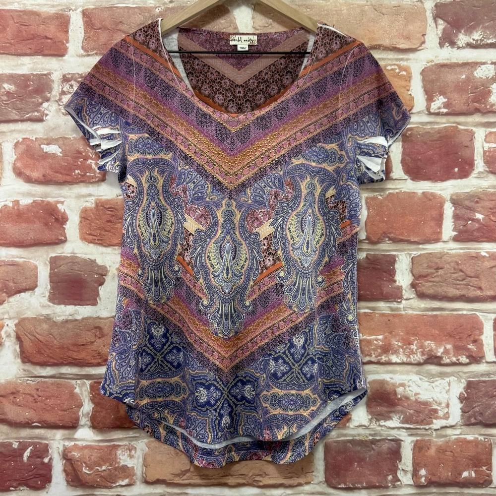 World Unity T Shirt Womens L Multicolor Boho Floral Abstract Casual Everyday Top